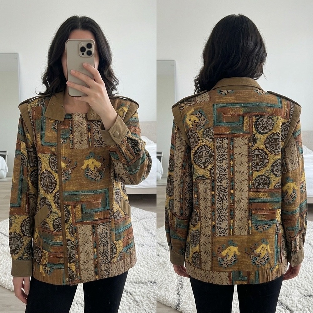 VTG 90s TOBRIA Abstract‎ Tribal Art Jacket Sz 8 Rayon Earth Tone Geometric Boho